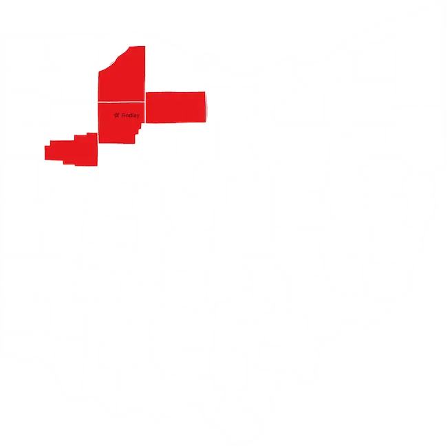 Findlay (1) service areas for local findlay construction contractor that outlines ohio and the counties they operate in including hancock and wood county large with white border